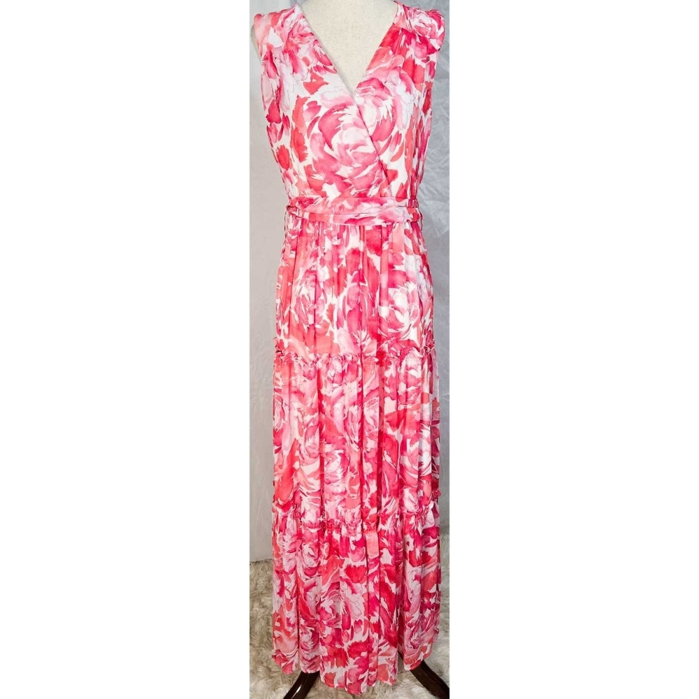 Calvin Klein Floral Maxi Midi Dress Pink White Formal Long Tiered Sleeveless